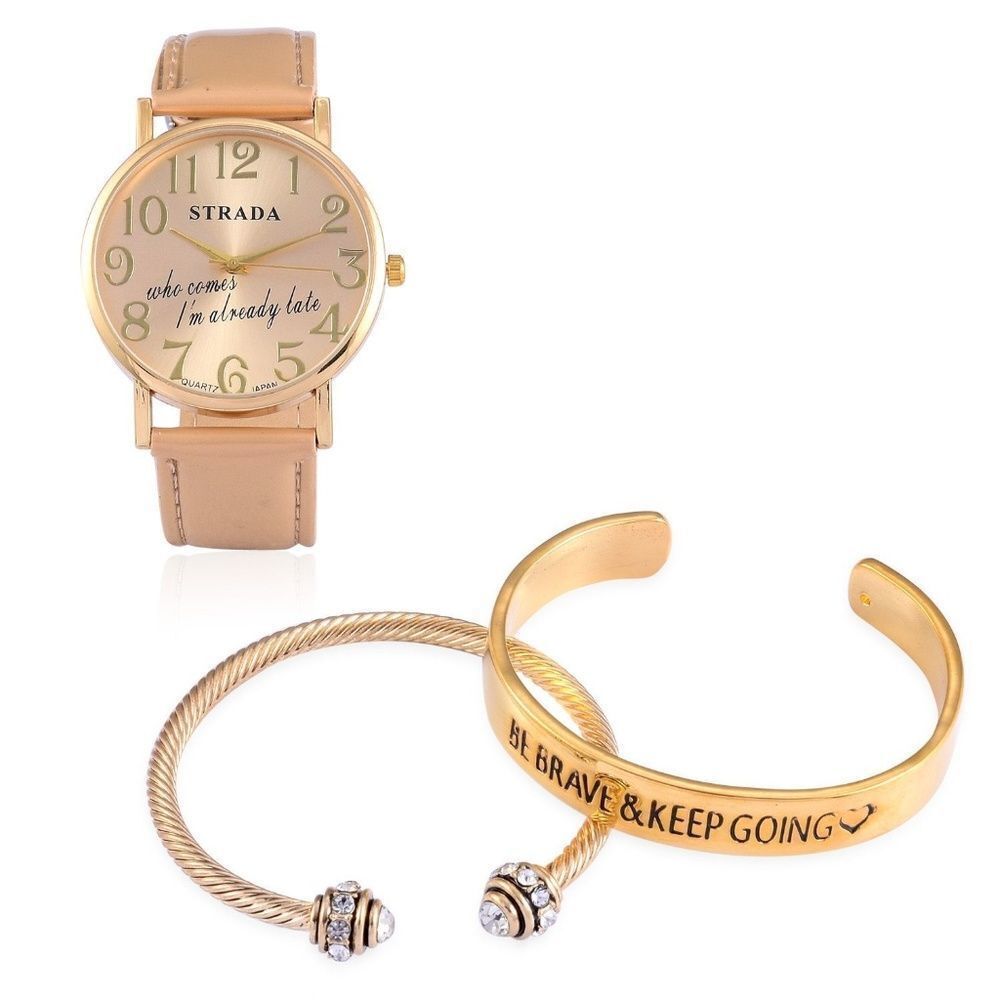 STRADA Watch Austrian Crystal Faux Band Golden